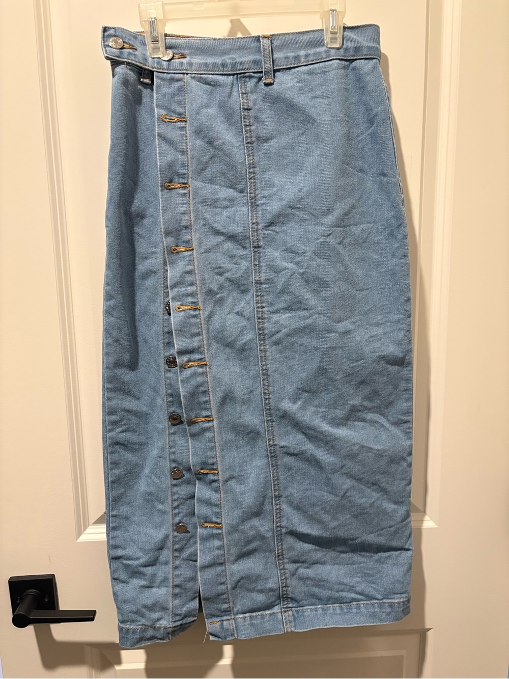 SHEIN Light Blue Denim Midi Skirt with Asymmetric Button Panel